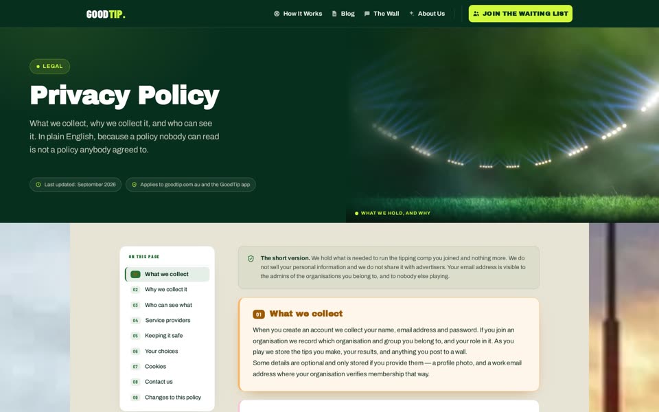 Privacy Policy, on the Privacy Policy page