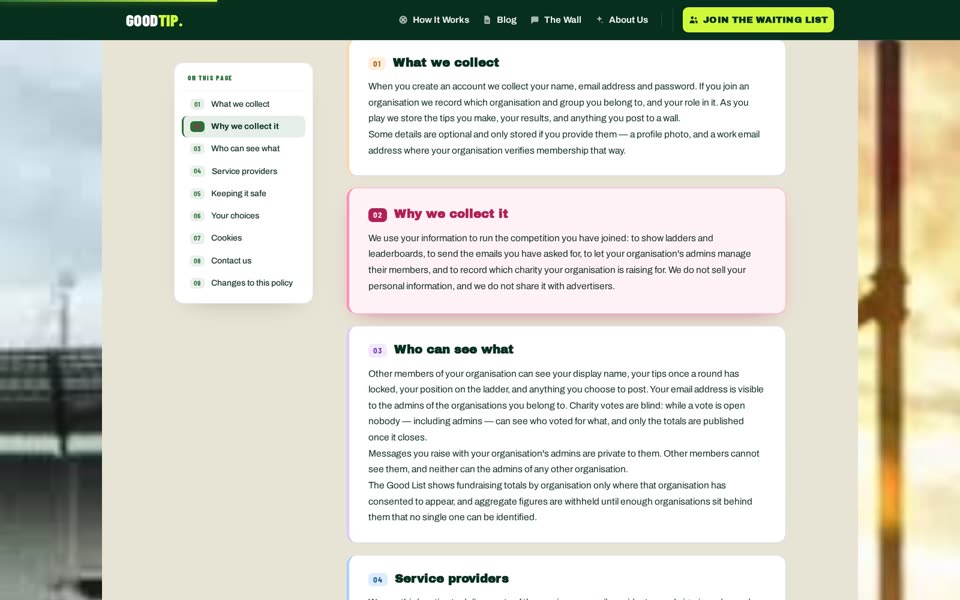 What we collect, on the Privacy Policy page